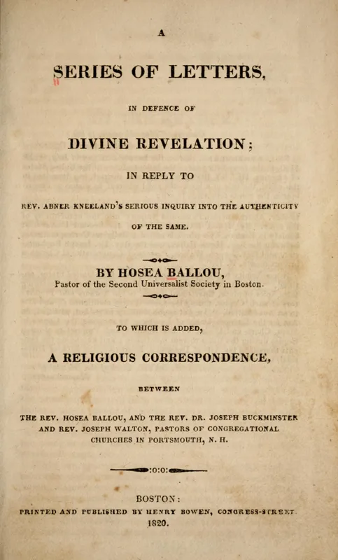Ballou's Series of Letters (1820), which printed the correspondence of 1814.