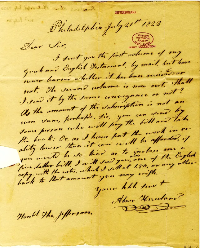 Kneeland's letter to Thomas Jefferson from Philadelphia, 21 July 1823.