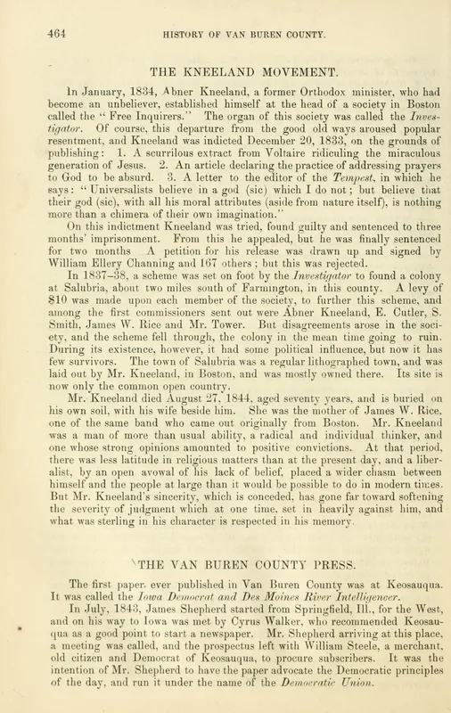 A page of the 1878 History of Van Buren County, Iowa: "The Kneeland Movement".