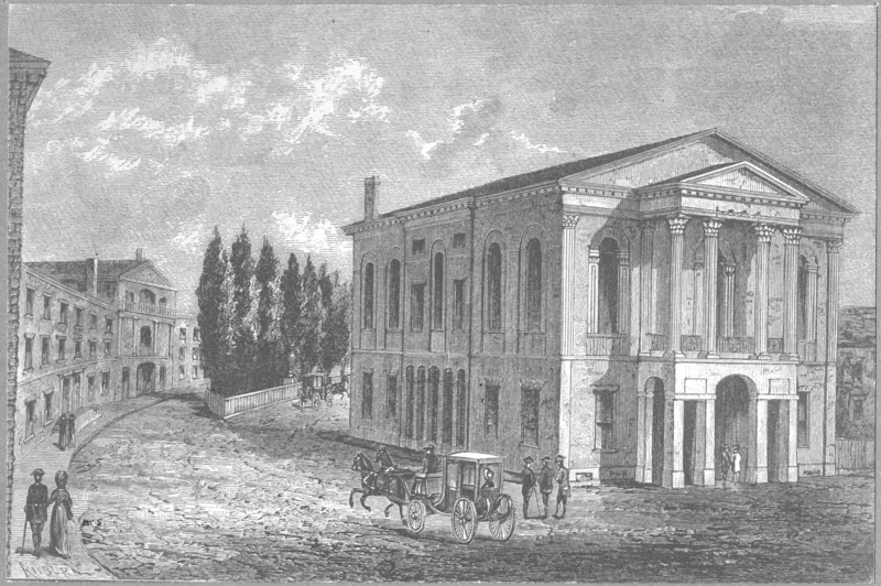 The Federal Street Theatre, Boston, where the Free Enquirers met on Sundays, engraved by Kilburn about 1798.