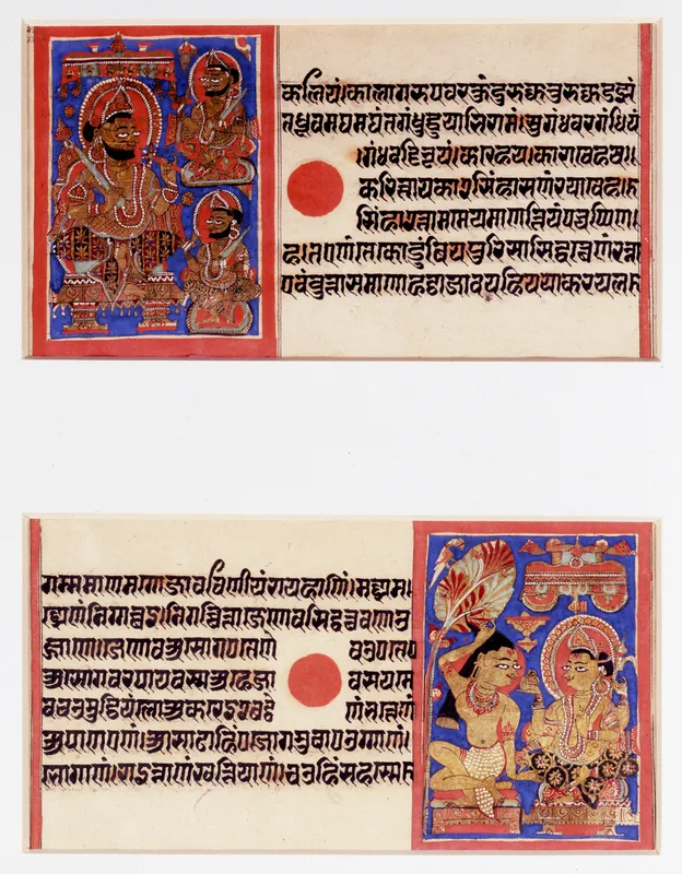 Illustrated pages of a Jain Kalpasūtra manuscript of about 1450; the Jain canon also preserved an account of the materialists.
