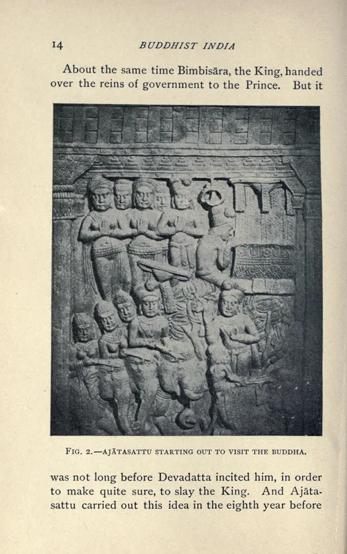 King Ajātasattu setting out to visit the Buddha, from the Bharhut reliefs, as reproduced in Rhys Davids's Buddhist India (1903).
