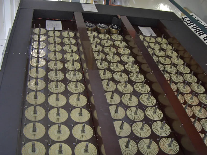 A reconstruction of the Bombe, the code-breaking machine Turing designed, at Bletchley Park.