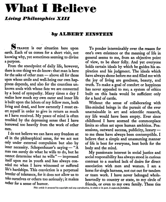 The first page of "What I Believe," Forum and Century, October 1930.