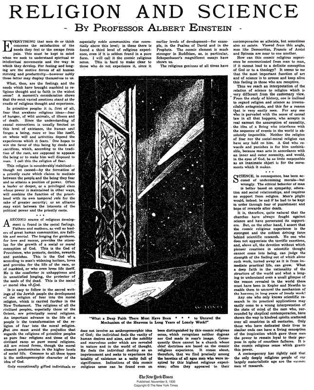The New York Times Magazine of 9 November 1930: "Religion and Science."