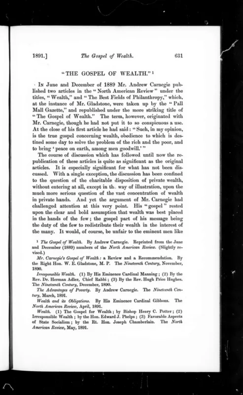 The opening page of William Jewett Tucker's "The Gospel of Wealth," Andover Review, June 1891.
