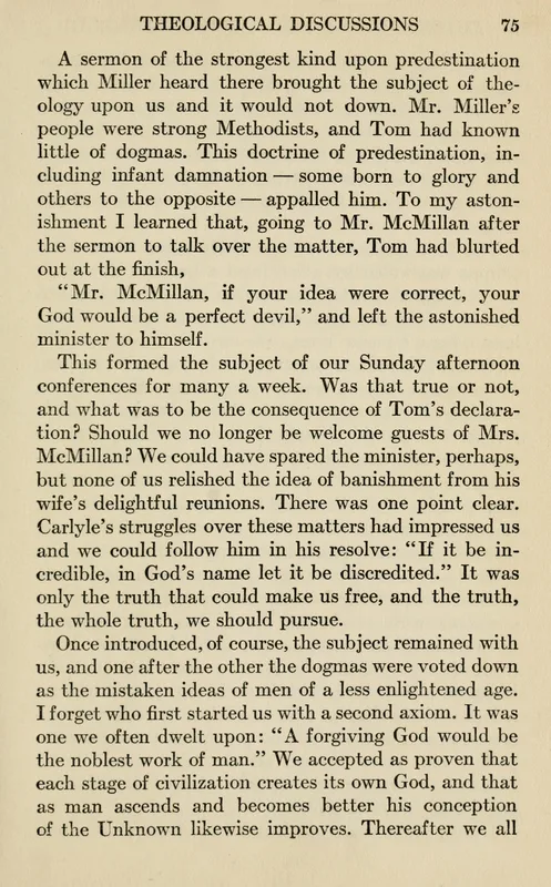 A page of the Autobiography of Andrew Carnegie (1920), where he tells how the dogmas were "voted down."