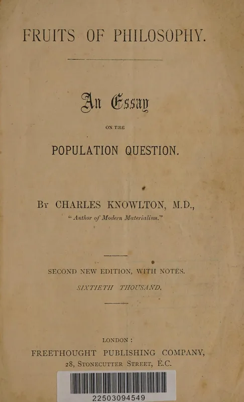 The title page of Knowlton's Fruits of Philosophy in the edition Bradlaugh and Besant published in 1877.