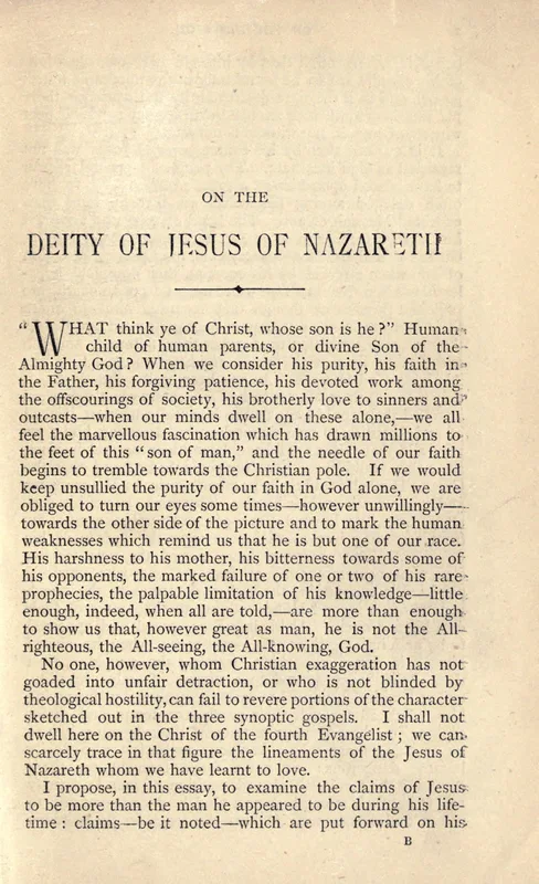 The first page of her first freethought essay, "On the Deity of Jesus of Nazareth," as reprinted in My Path to Atheism.
