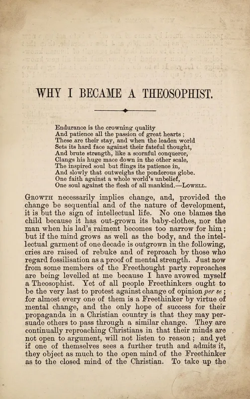The title page of Why I Became a Theosophist, the lectures she gave at the Hall of Science in August 1889.