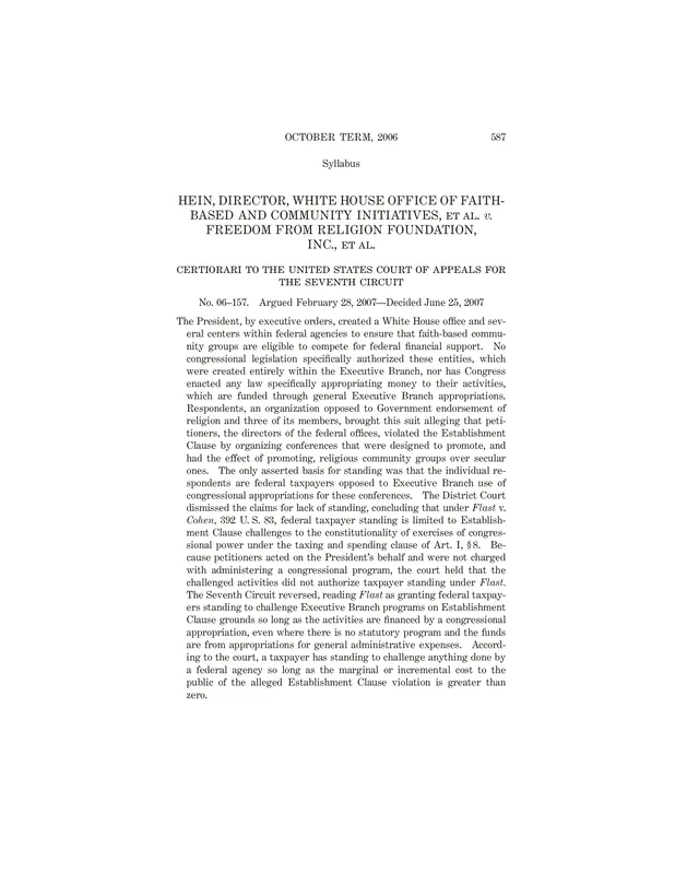 The first page of the syllabus of Hein v. Freedom From Religion Foundation, 551 U.S. 587 (2007).