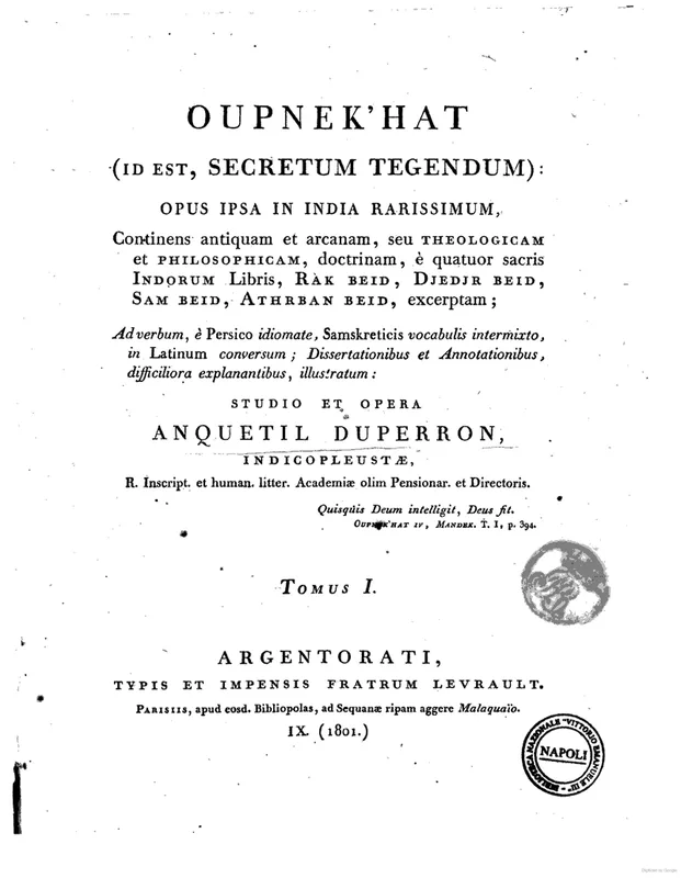 The title page of the Oupnek'hat, Anquetil-Duperron's Latin Upanishads (1801).