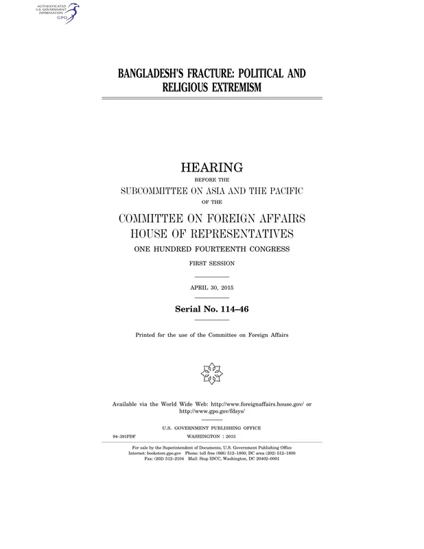 The title page of the House Foreign Affairs subcommittee hearing "Bangladesh's Fracture: Political and Religious Extremism," April 2015.