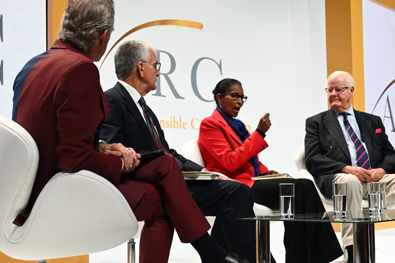 Hirsi Ali on a panel at the Alliance for Responsible Citizenship forum in London, 30 October 2023.