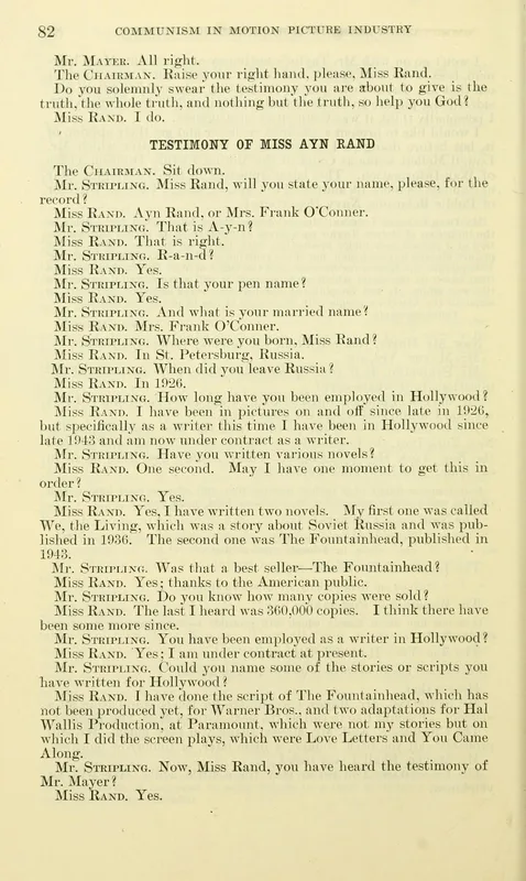 Page 82 of the printed hearings of 1947, where Rand's testimony begins.