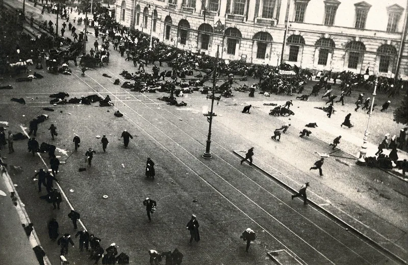 Crowds scattering on the Nevsky Prospekt in Petrograd on 4 July 1917, after troops opened fire. The Rosenbaums lived on the Nevsky from 1912.