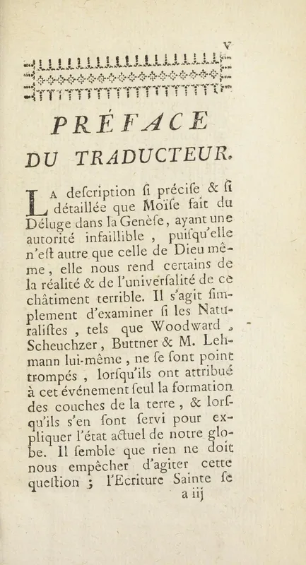The preface to Lehmann's treatise, 1759: the Flood's "infaillible" authority.