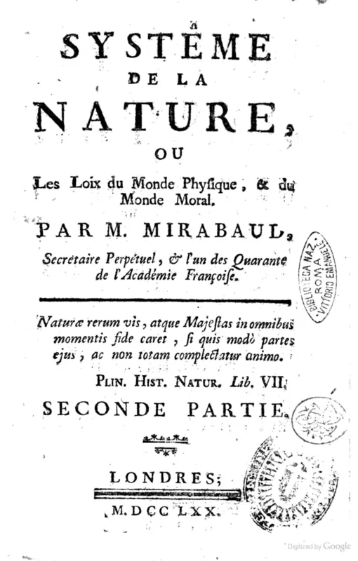 The title page of the Système de la nature, 1770, "par M. Mirabaud."