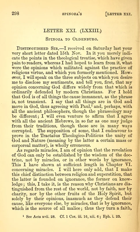 The page of Elwes's translation (1891) with Spinoza's reply to Oldenburg: God is "the cause immanent."