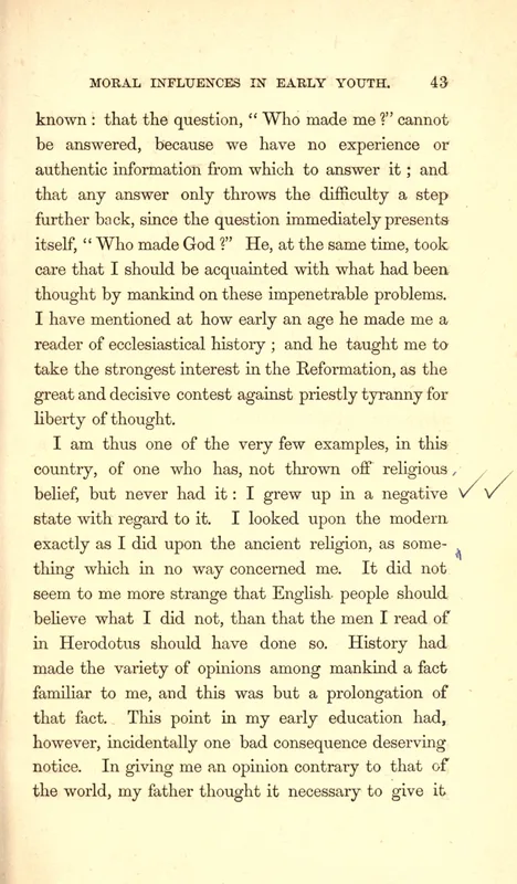 Page 43 of Mill's Autobiography (1873), the passage Russell read at eighteen: "Who made God?"