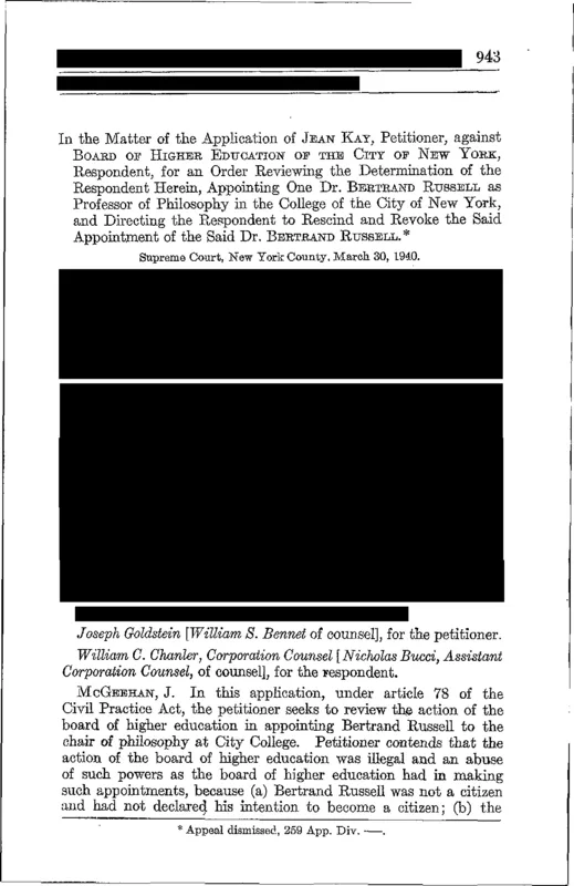 The opening page of Kay v. Board of Higher Education, 30 March 1940.