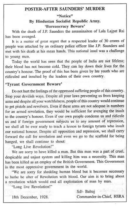 The association's notice after the shooting of Saunders, December 1928.