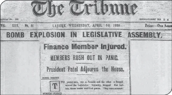 The Tribune of Lahore reports the bombing, 10 April 1929.