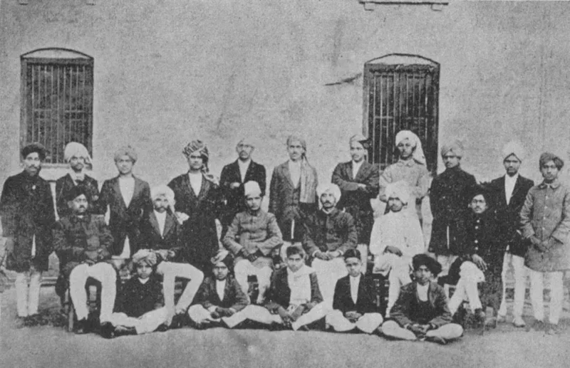 Members of the dramatics club of the National College, Lahore, in 1924. Commons identifies Bhagat Singh as fourth from the right.