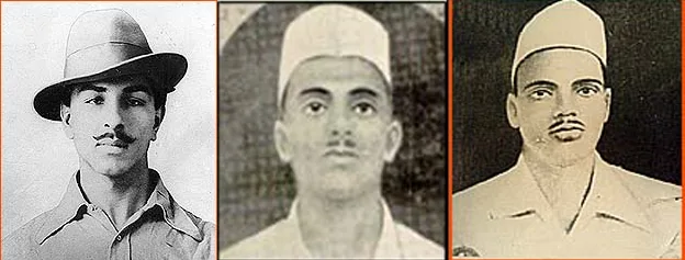 Bhagat Singh, Sukhdev Thapar and Shivaram Rajguru, sentenced together, in a composite of three portraits.