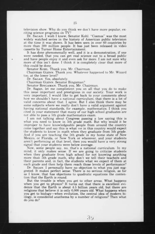 Page 25 of the Senate hearing of November 1989, where Sagan spoke of religion and quadratic equations.
