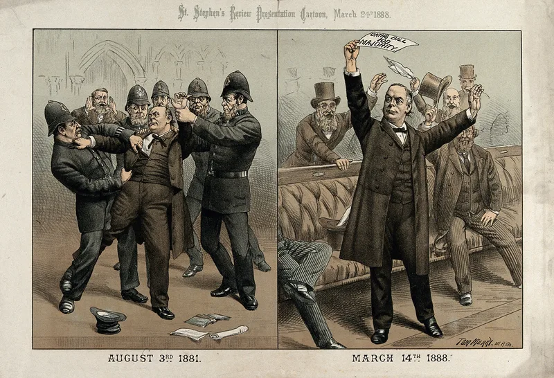 Bradlaugh removed from the House of Commons by the police in 1881; a cartoon by Tom Merry.