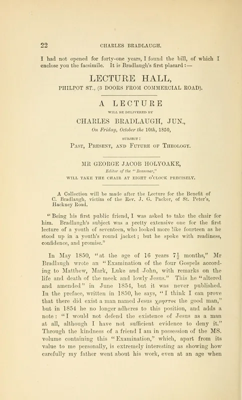 The placard for Bradlaugh's first advertised lecture, Philpot Street, 10 October 1850, "for the Benefit of C. Bradlaugh, victim of the Rev. J. G. Packer."