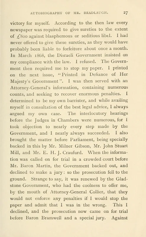 The page of Bradlaugh's Autobiography (1873) on which he describes printing the National Reformer "in Defiance of Her Majesty's Government."