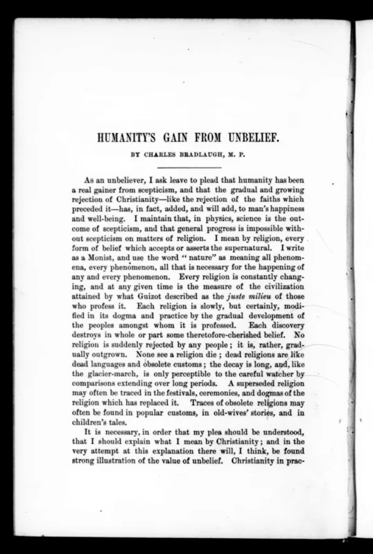 The first page of "Humanity's Gain from Unbelief" in the North American Review, March 1889.