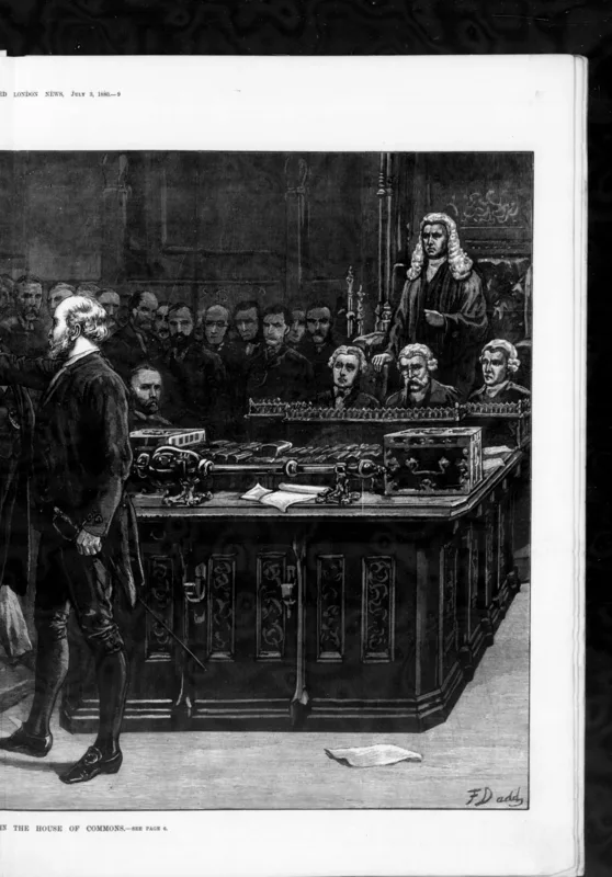 Bradlaugh addressing the House of Commons from the Bar, 23 June 1880, as drawn for the Illustrated London News.