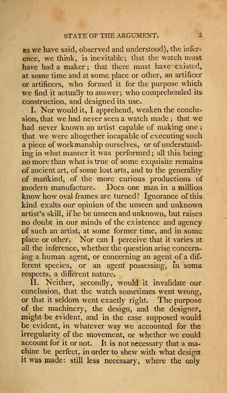 The first page of Paley's Natural Theology (1802): the watch that "must have had a maker."