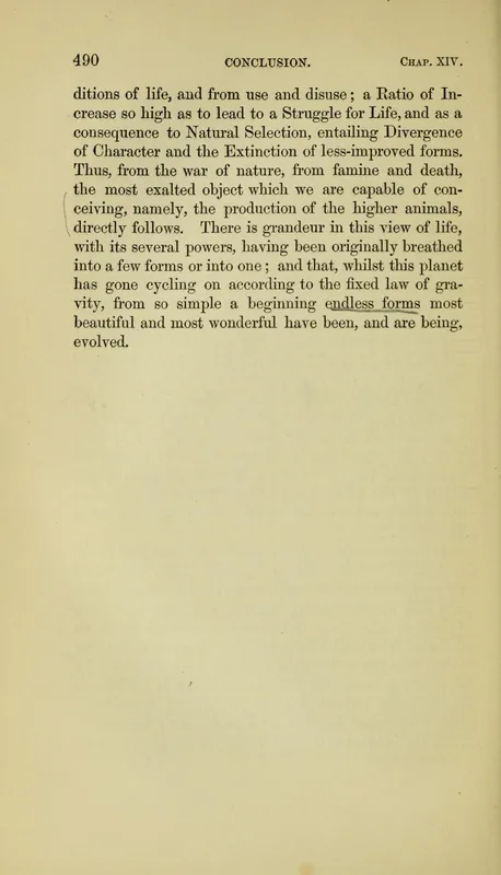 The last page of the first edition, p. 490: "breathed into a few forms or into one."