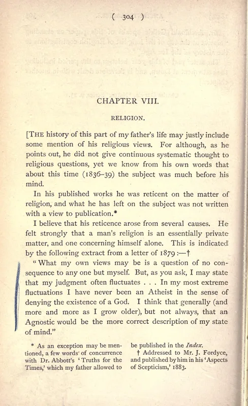 The Life and Letters of Charles Darwin, vol. I, p. 304: the chapter on religion.