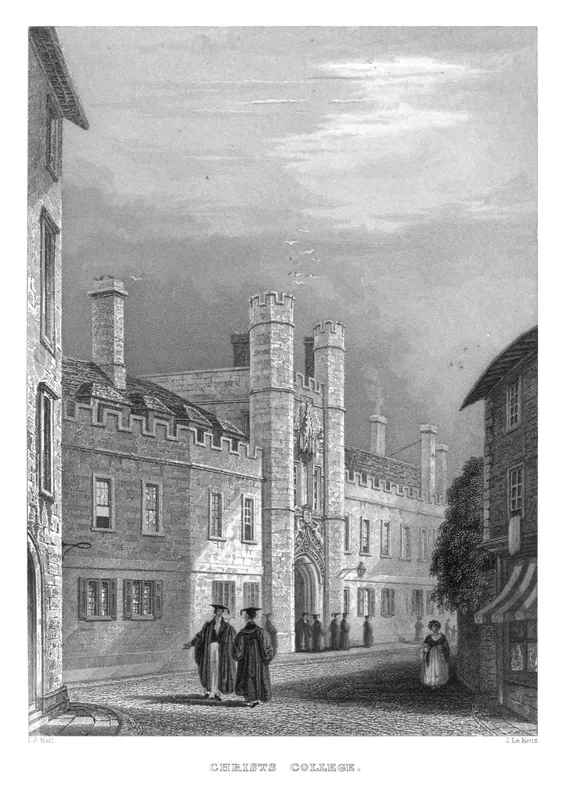 Christ's College, Cambridge, in an engraving by Le Keux, about 1840.