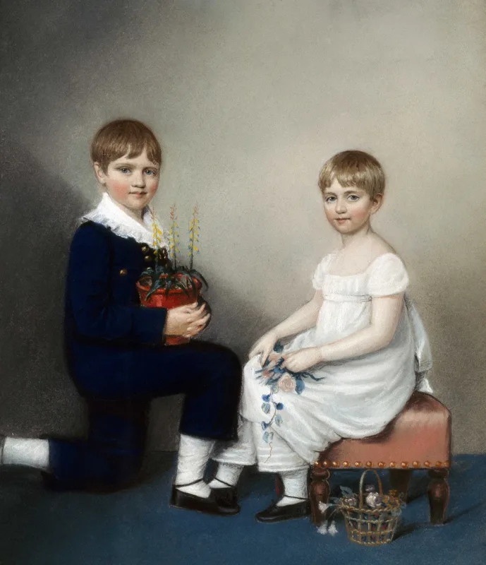 Charles Darwin, aged seven, with his sister Catherine, in a chalk drawing by Ellen Sharples, 1816.