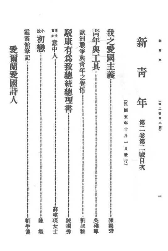 The contents page of New Youth, vol. 2, no. 2, October 1916, listing Chen's reply to Kang Youwei.