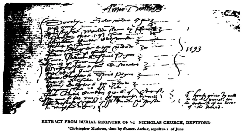 The entry in the Deptford burial register: "Christopher Marlow slaine by ffrancis ffrezer", from Hotson's book of 1925.