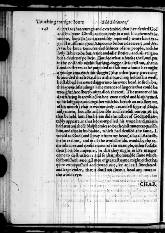 Thomas Beard's Theatre of Gods Judgements, 1597, page 148: the death made into a judgement on an atheist.
