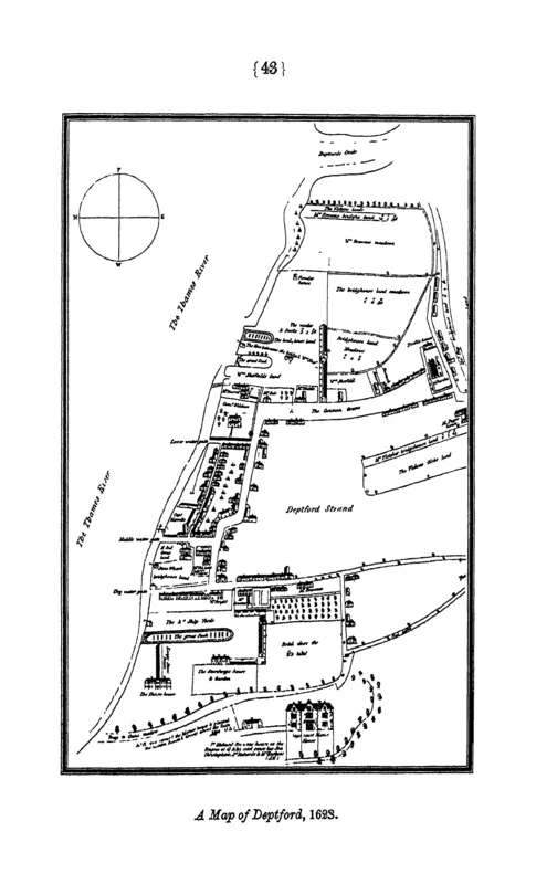 A Map of Deptford, 1623, from John Evelyn's sketch, as printed by Hotson; drawn thirty years after the killing.