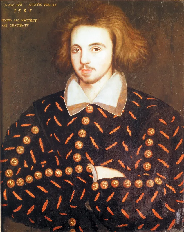 The Corpus Christi portrait of 1585; whether it shows Marlowe is disputed.