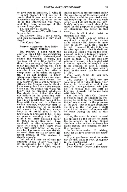Page 99 of the Scopes trial transcript, where Darrow accepts the word "agnostic."