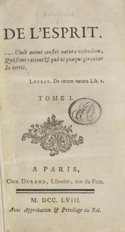 The title page of De l'esprit, Paris, Durand, 1758.