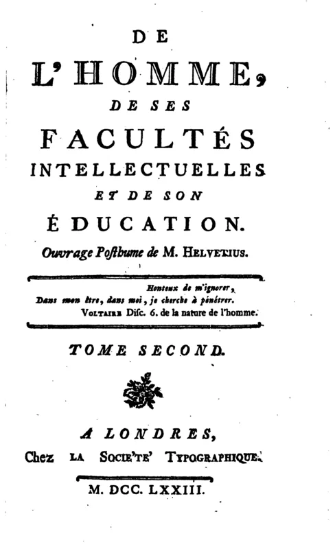 The title page of De l'homme, volume II, London, 1773.