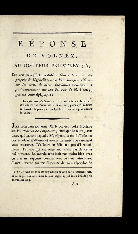 The opening page of Volney's Réponse to Priestley, 1797.