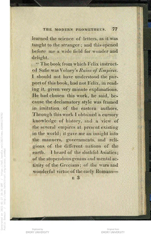 The 1818 Frankenstein, vol. II, p. 77: "the book from which Felix instructed Safie was Volney's Ruins of Empires."